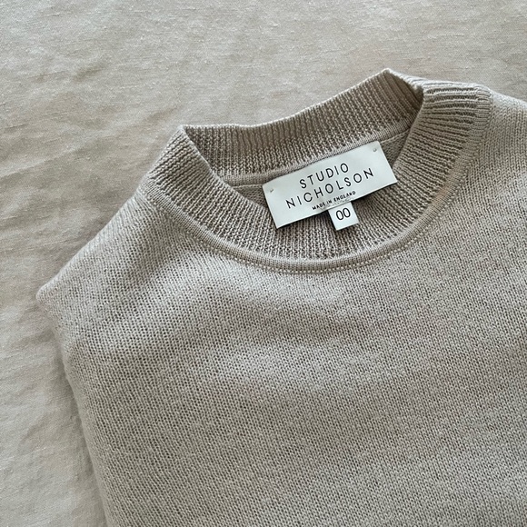 STUDIO NICHOLSON Washed Extra Fine Merino Crew Neck Essential Sweater in Dove - Picture 2 of 8